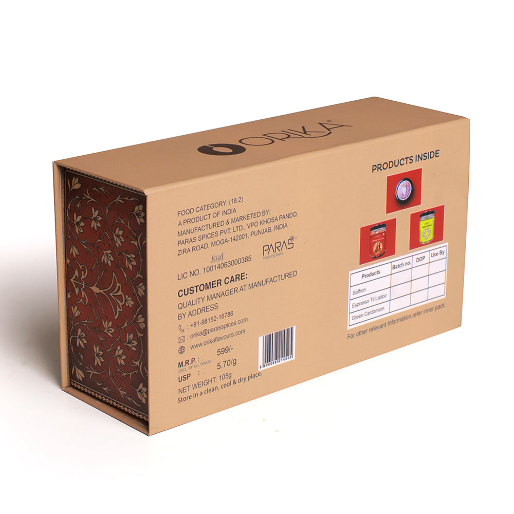 Royal Ritual Gift Box | Kashmiri Pampore Saffron 0.25g, Idukki Bold Green Cardamom 25g & Espresso Till Laddoo